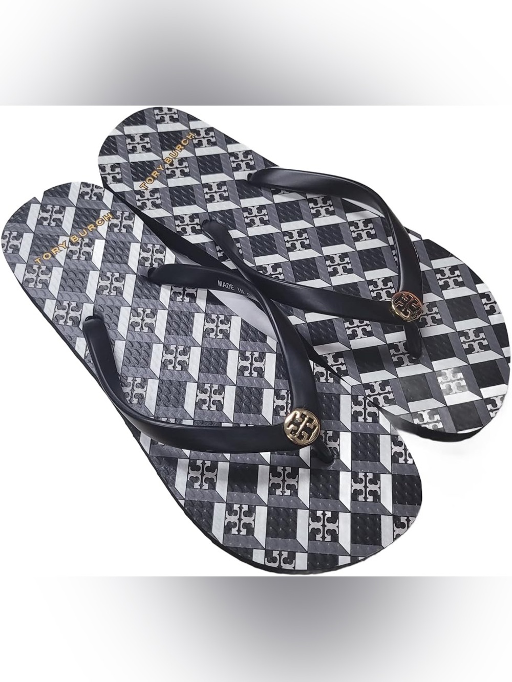 Tory Burch Black and Grey Geometric Logo Flip Flop Sandals Size 8